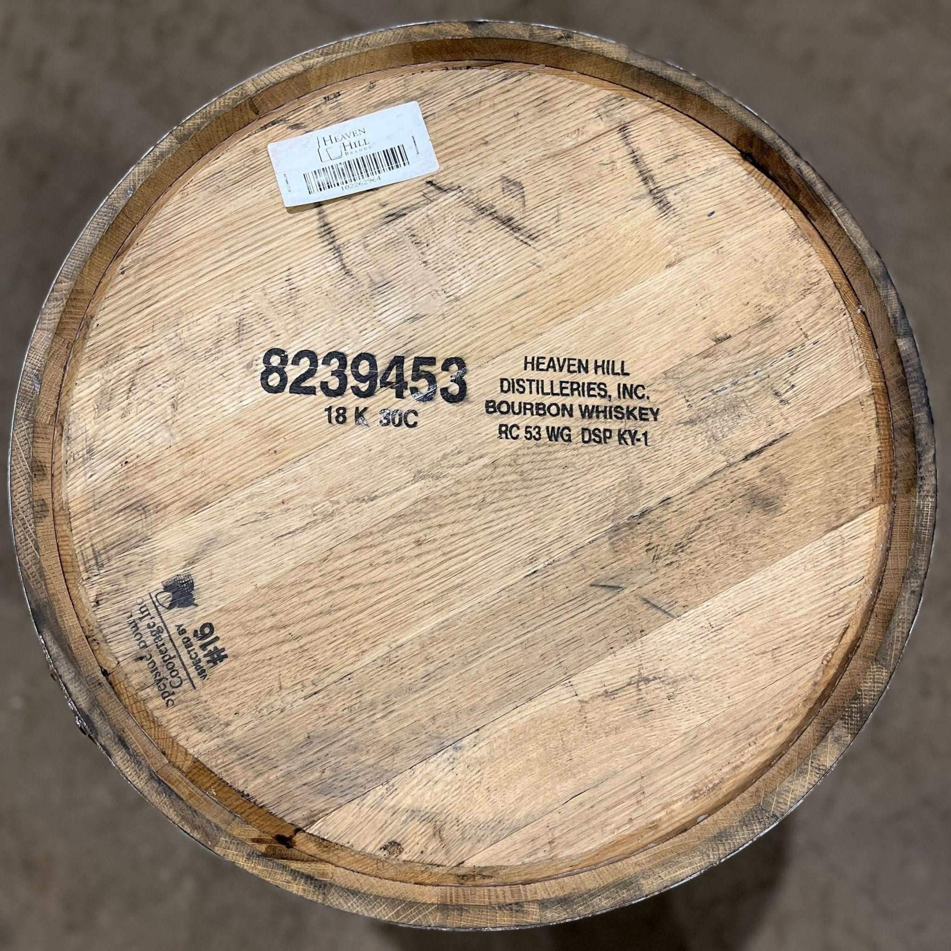 53 Gallon, 2+ year Heaven Hill Bourbon Barrel - Fresh Empty, Once Used - The County Cooperage