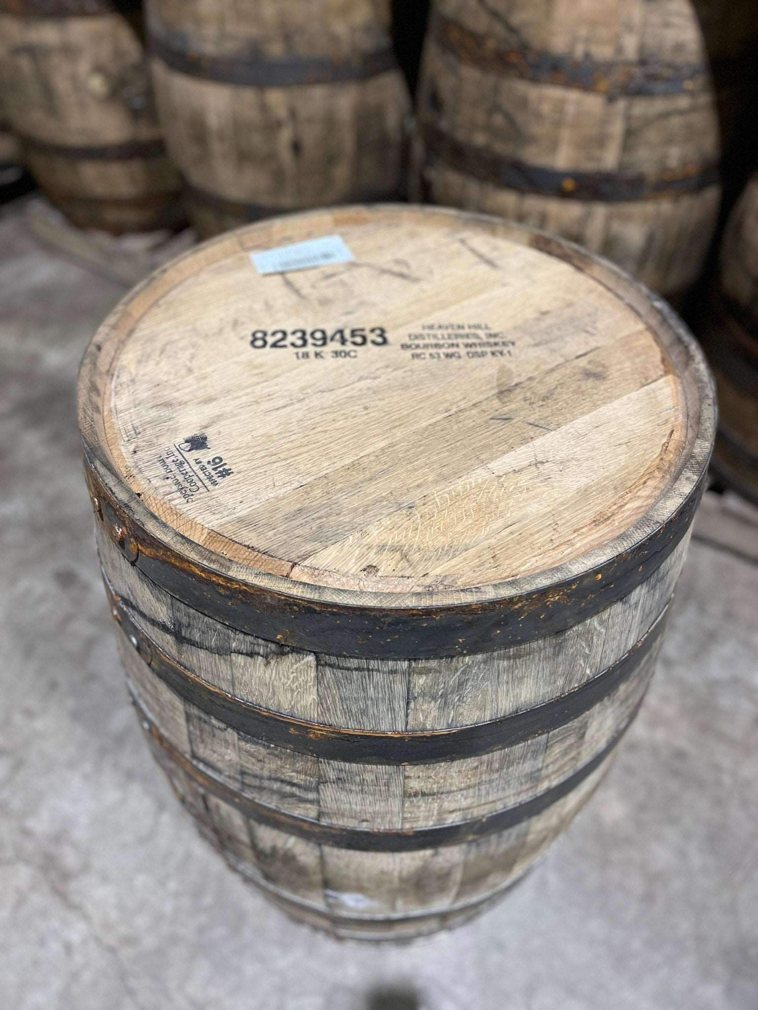 53 Gallon, 2+ year Heaven Hill Bourbon Barrel - Fresh Empty, Once Used - The County Cooperage